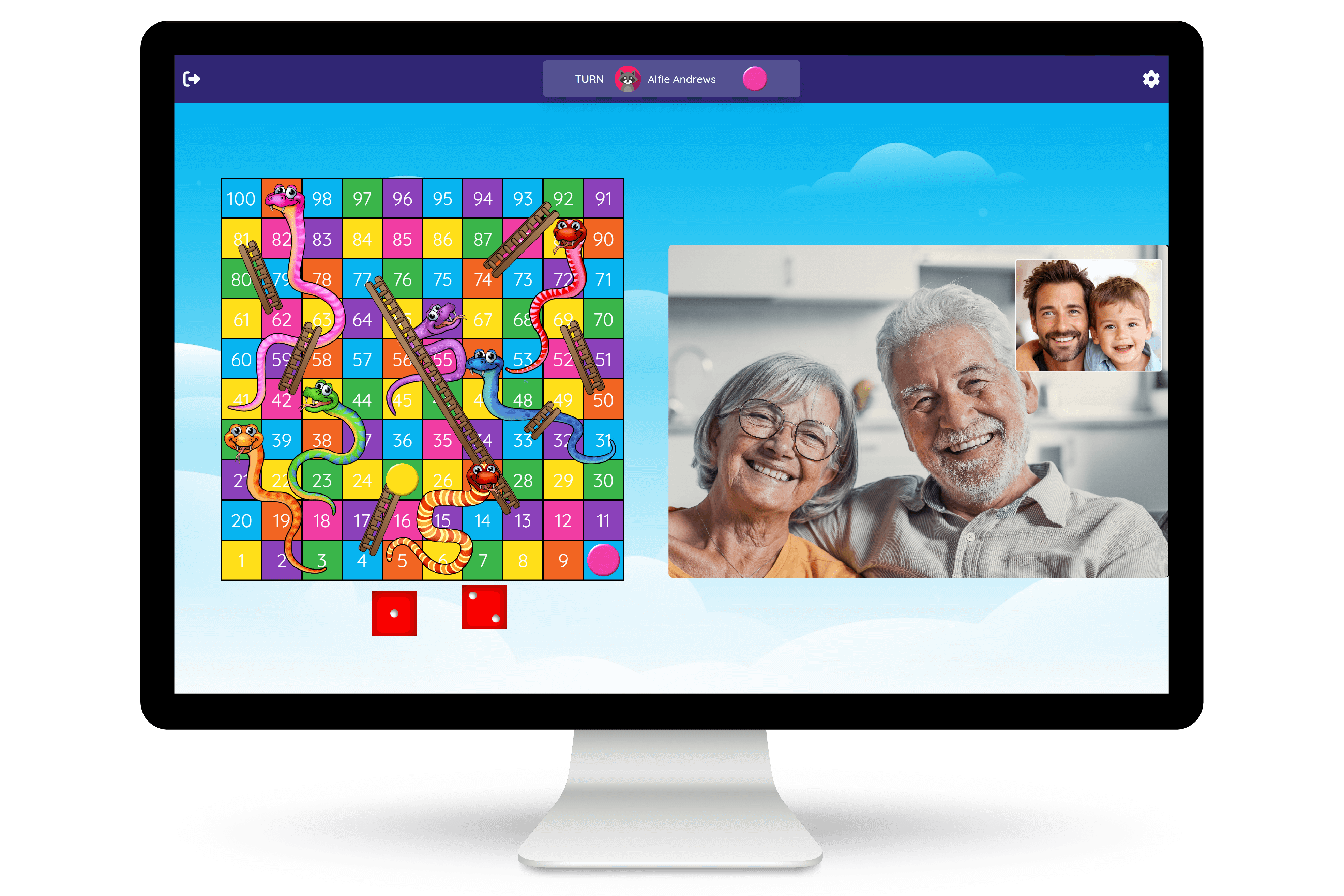 Grandparents playing snakes and ladders with grandson